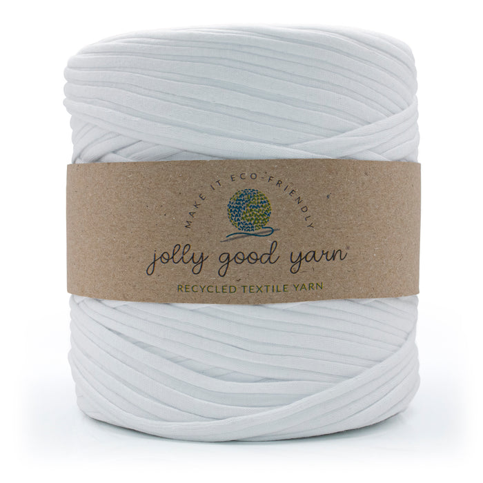 A spool of white recycled textile yarn wrapped in a brown paper band with the brand name 'jolly good yarn' and a small colourful yarn logo, set against a plain white background.