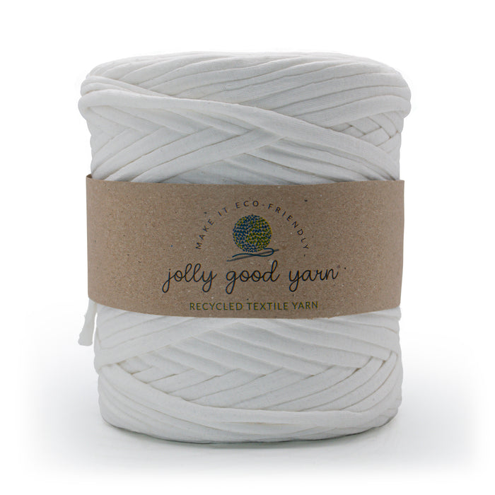 Spool of white yarn with a 'jolly good yarn' label on a white background