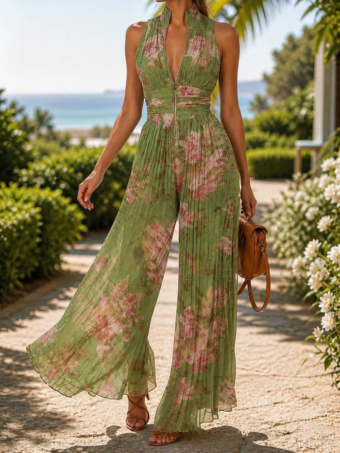 Floral chiffon wide-leg V-neck jumpsuit, front view