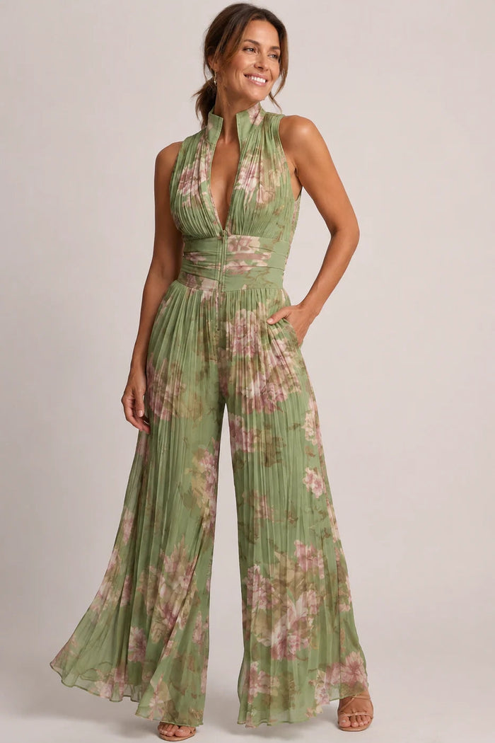 Floral chiffon wide-leg V-neck jumpsuit, front lifestyle view