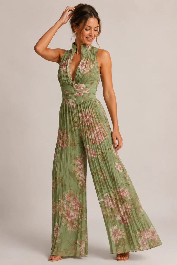Floral chiffon wide-leg V-neck jumpsuit, back view full length