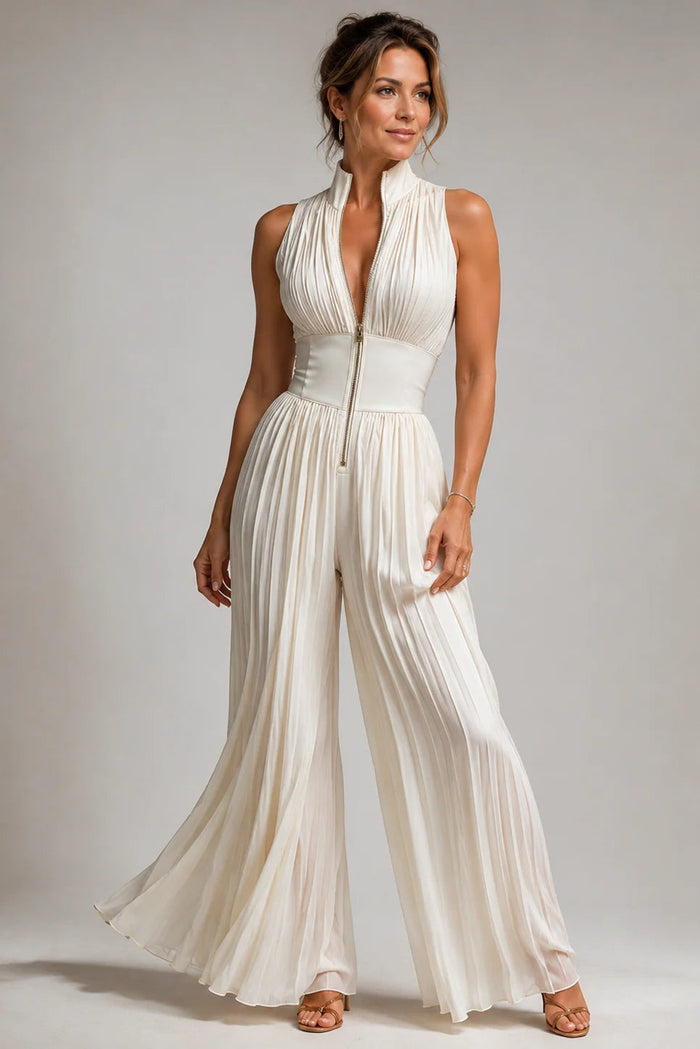 Floral chiffon wide-leg V-neck jumpsuit, side profile view