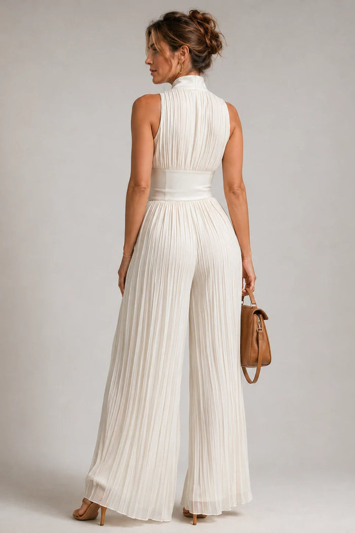 Floral chiffon wide-leg V-neck jumpsuit, three-quarter view