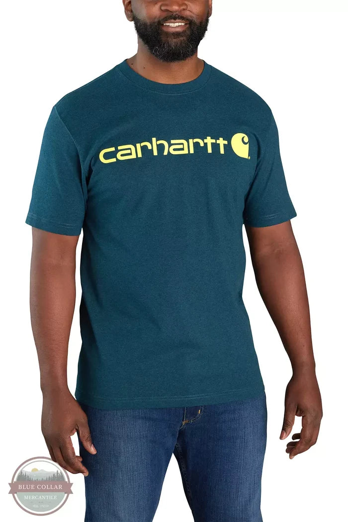Carhartt K195 Loose Fit Heavyweight Short Sleeve Logo Graphic T-Shirt Night Blue Heather Front View