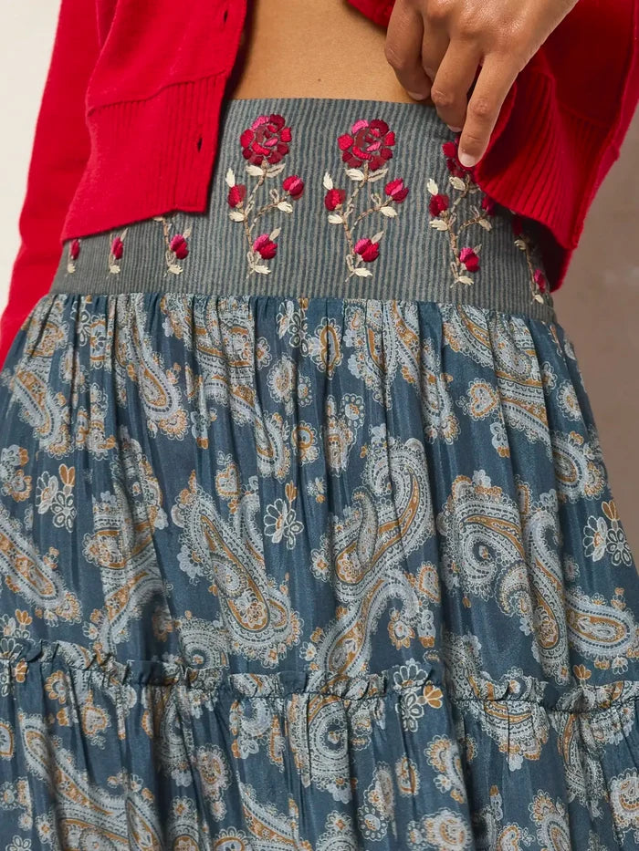 Karlie Embroidered Tiered Maxi Skirt - Vintage Paisley Dusty Blue-view 1