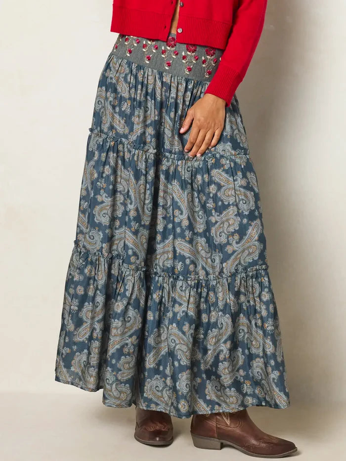 Karlie Embroidered Tiered Maxi Skirt - Vintage Paisley Dusty Blue-view 2