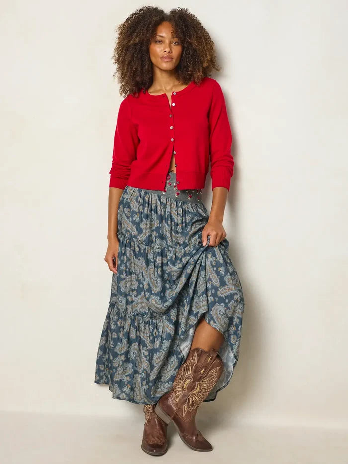 Karlie Embroidered Tiered Maxi Skirt - Vintage Paisley Dusty Blue-view 3