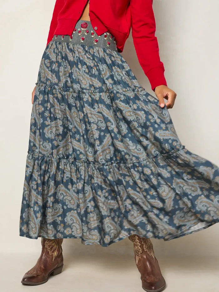 Karlie Embroidered Tiered Maxi Skirt - Vintage Paisley Dusty Blue-view 4
