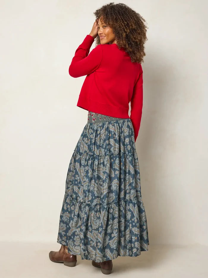 Karlie Embroidered Tiered Maxi Skirt - Vintage Paisley Dusty Blue-view 5