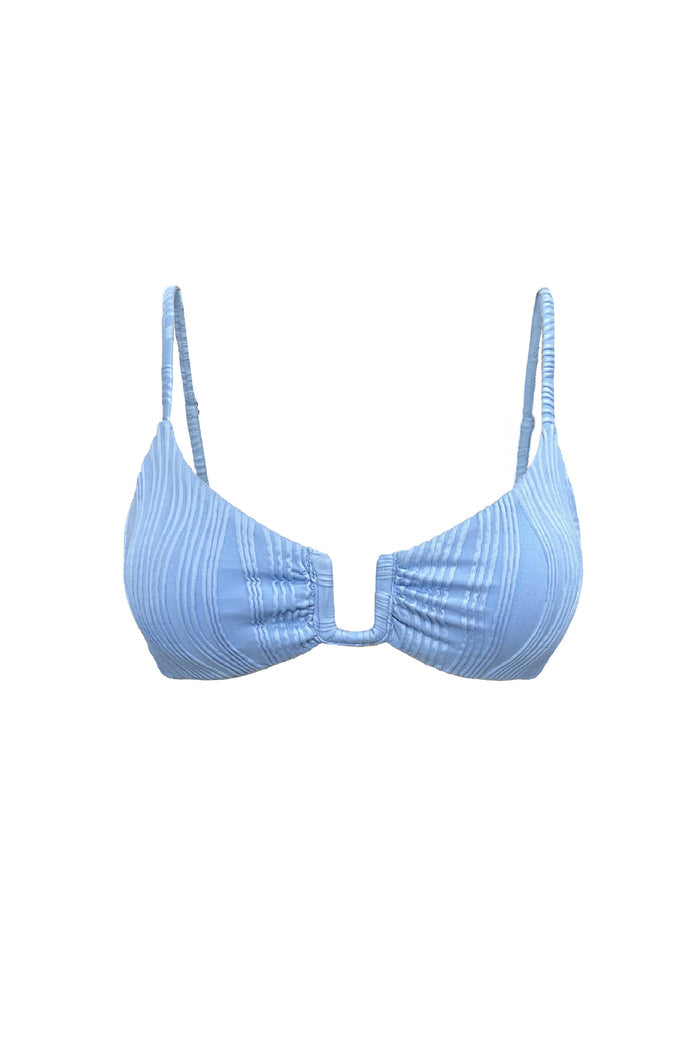 Laguna U-front bikini top in Plisse Blue