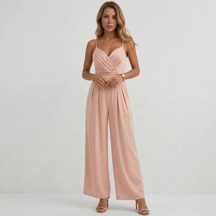 High waisted wide-leg pleated jumpsuit in black, elegant party styling front view