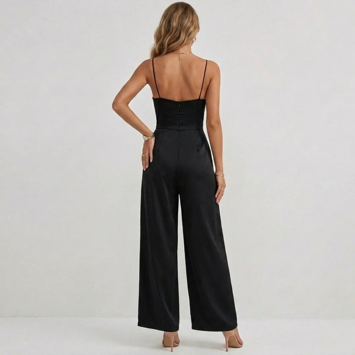 Pleated wide-leg jumpsuit with self-tie high waist belt, side view