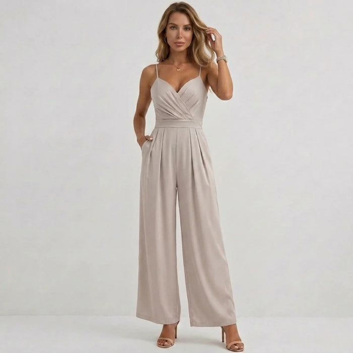 Flowing wide-leg pleated jumpsuit in pink, front view