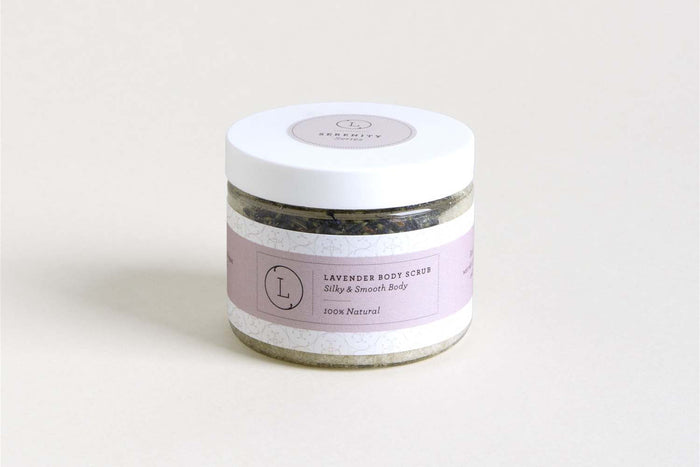 Lavender Body Scrub - Natural exfoliating sea salt scrub jar | Lizush on a clean background