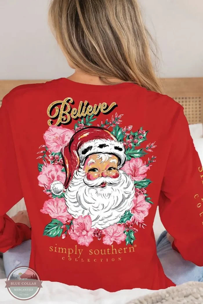 Simply Southern LS-FLORALSANTA-RED Floral Santa Believe Long Sleeve T-Shirt lifestyle image
