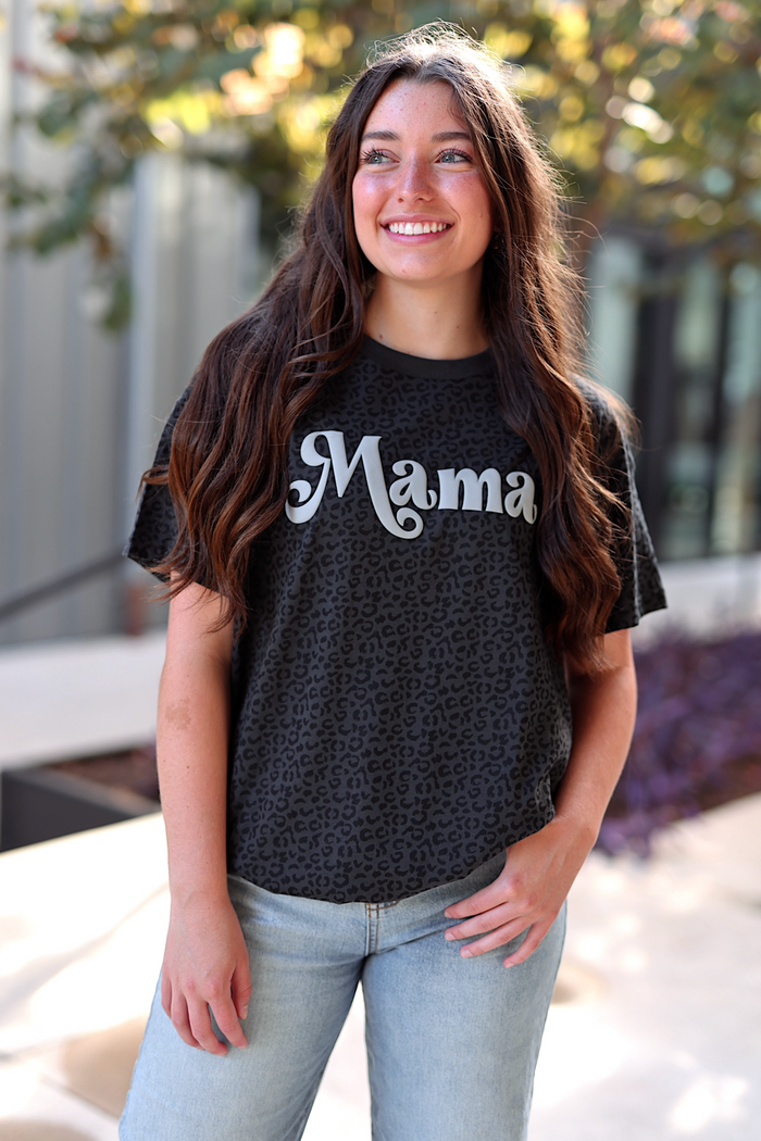Black leopard print t-shirt with 'Mama' text, stylish and soft material for casual wear.