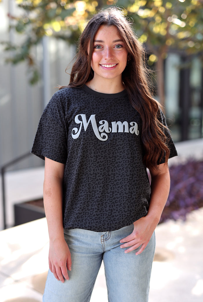 Black leopard print t-shirt with 'Mama' graphic, casual style, perfect for moms, made from soft cotton.