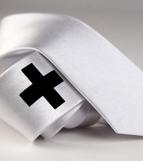 White medic necktie. Black on white skinny.
