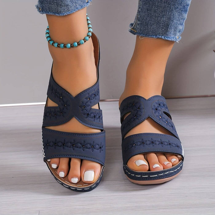 Orthopaedic gel-sole sandals in blue, back view