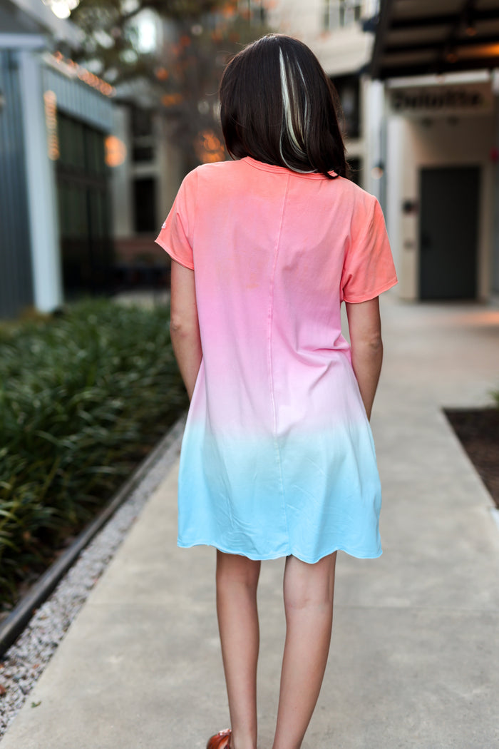 Kids' short sleeve ombre dress in pink and blue, made from soft cotton, perfect for casual summer outings.
