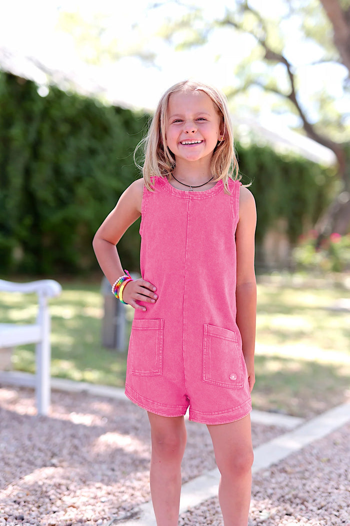 Mineral Wash YOUTH Romper - Bright Coral