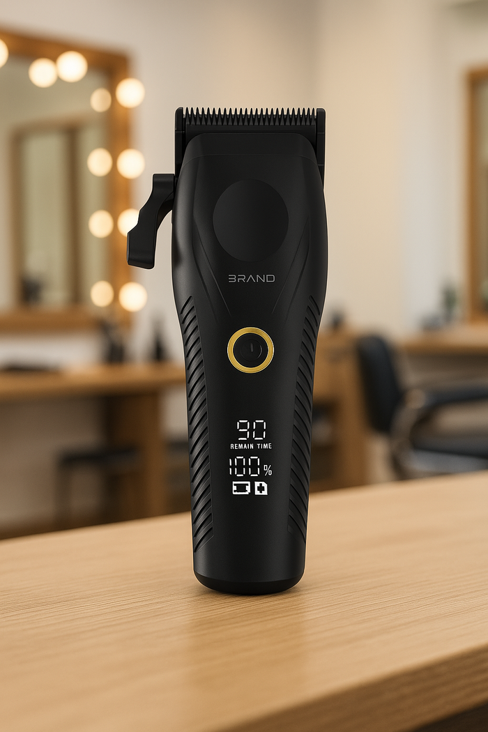 Close-up of Mioco Professional Clipper showing DLC blade and LED display in barbershop setting