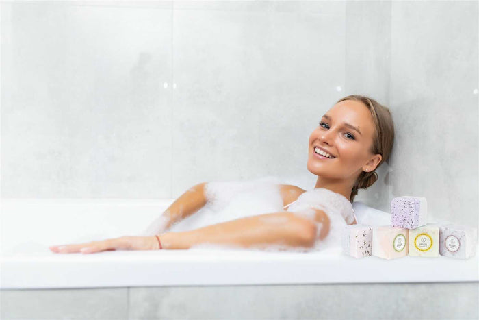 Mixed Scent Shower Steamers - Woman relaxing in bath with natural shower steamers jar | Lizush