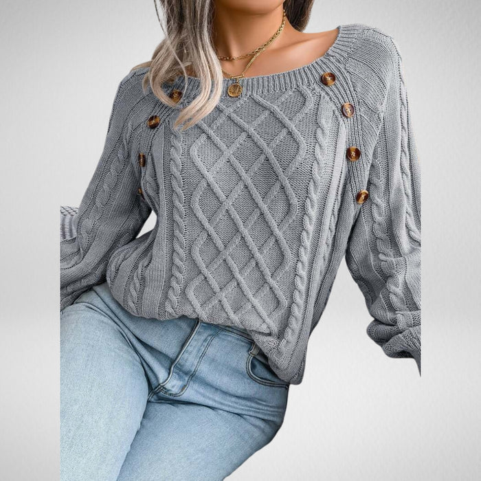 Vexara | Women's Cable Knit Button Detail Sweater - Grey - Image 1