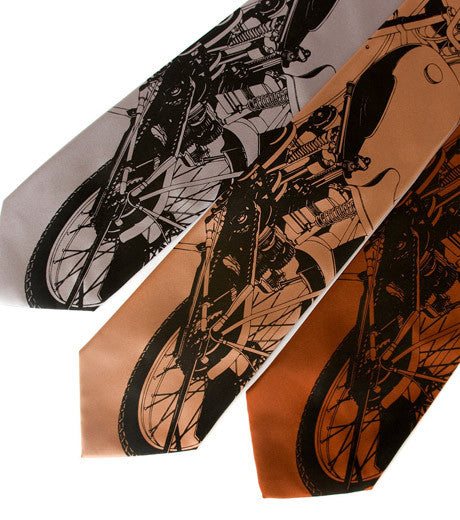 Velolcette Motorcycle Neckties. Black ink on silver, pale copper, cinnamon.