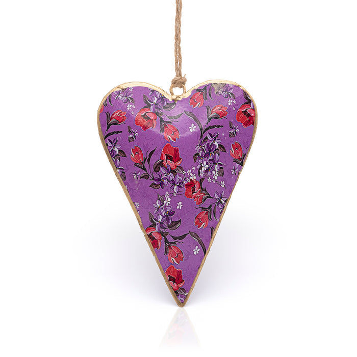 Namaste lilac hanging floral heart decoration, with Red flowers on a vine and little white flowers.
