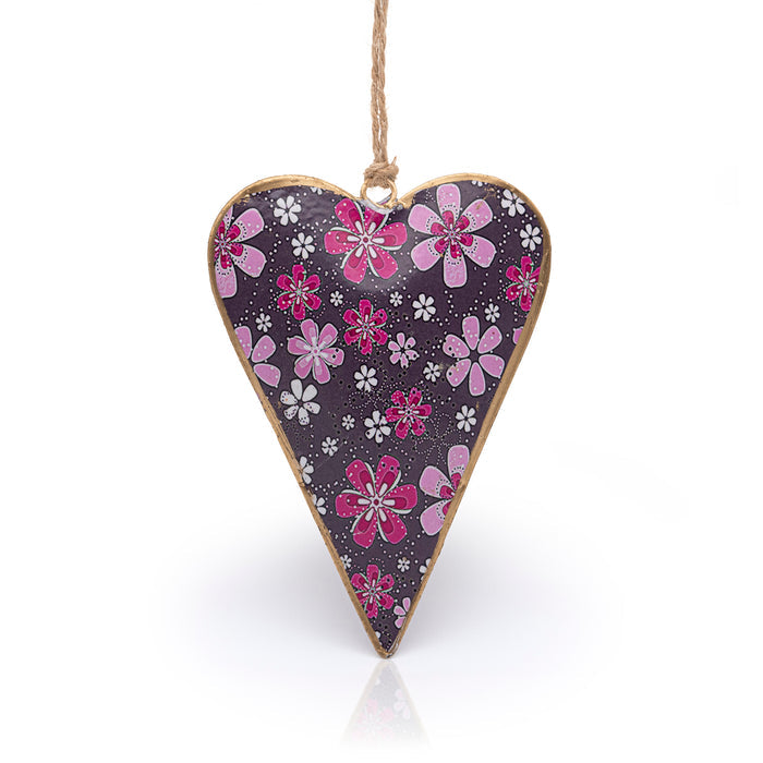 Namaste purple floral hanging heart decoration with pink, lilac and white flowers.