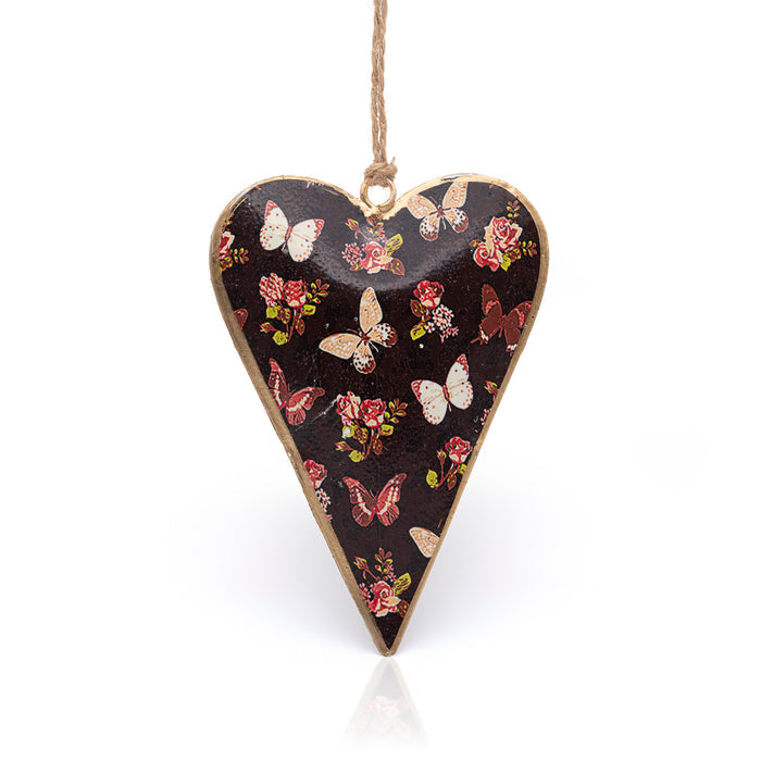Namaste brown heart with butterflies and roses, hanging heart decoration.