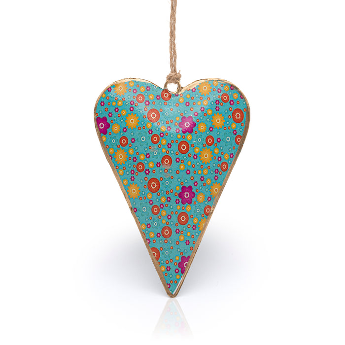 Namaste blue floral hanging heart decoration with orange and pink flowers.