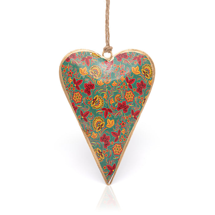 Namaste green floral hanging heart decoration  with orange and red flowers.