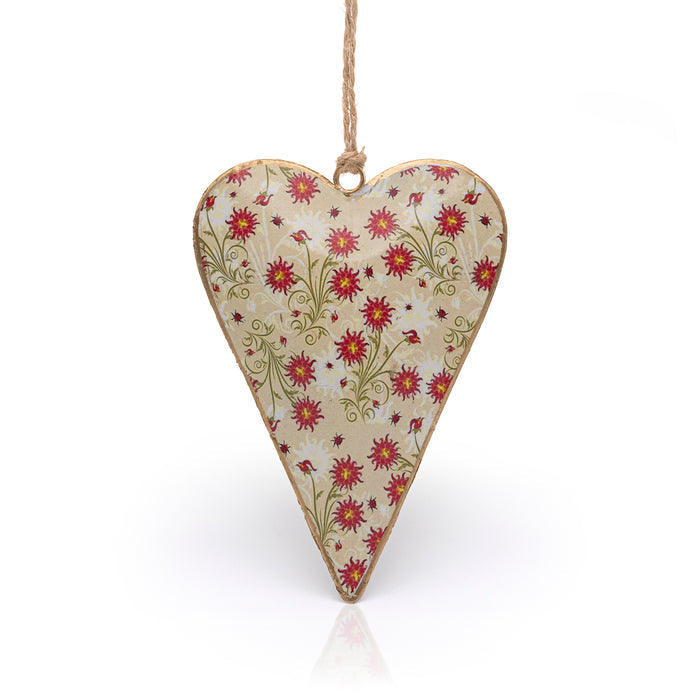 Namaste hanging heart ornament with cream background and red floral sprays.