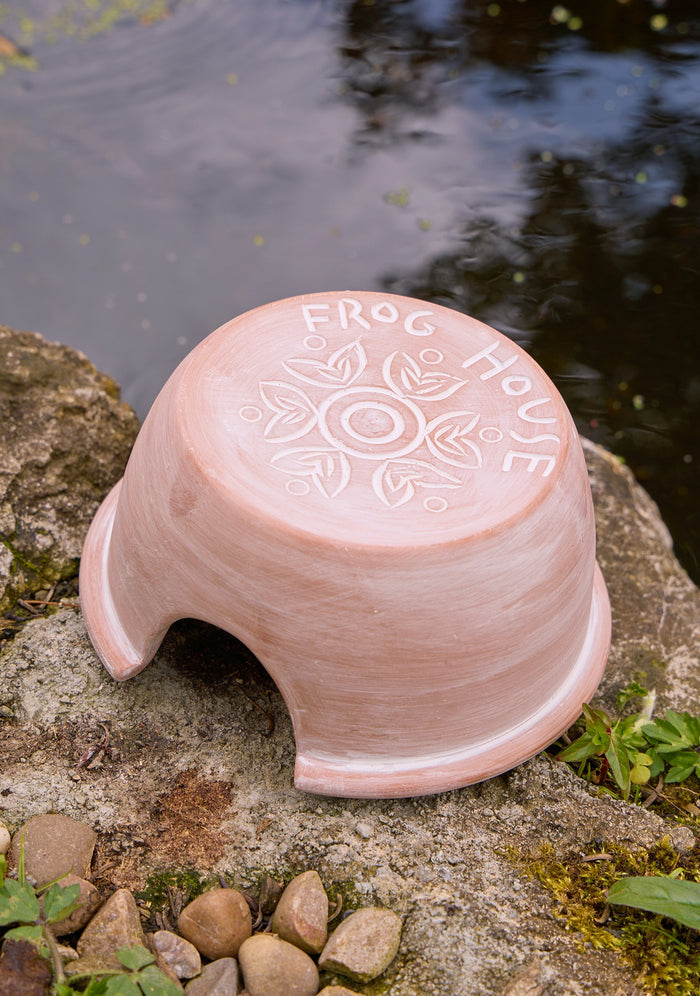 Ceramic frog house with 'Frog House' engraving on a stone surface near water.