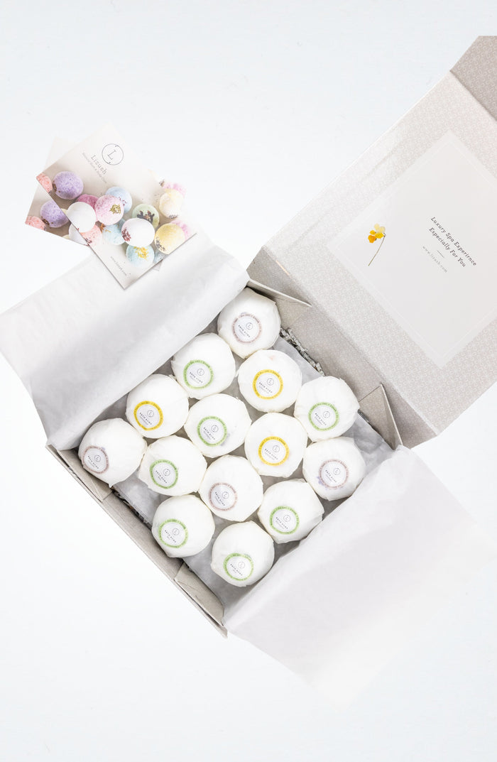 Close up of Natural Bath Bomb Gift Box - 14 essential oil spa bath fizzies in box | Lizush