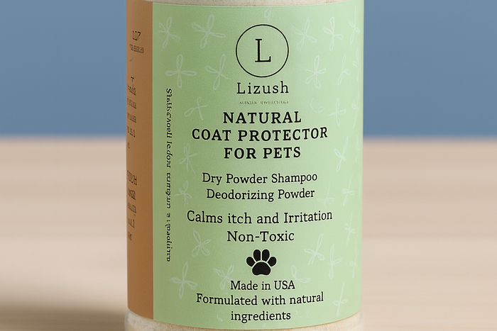 close up of Natural Coat Protector - Eco-friendly grooming powder bottle for pets | Lizush