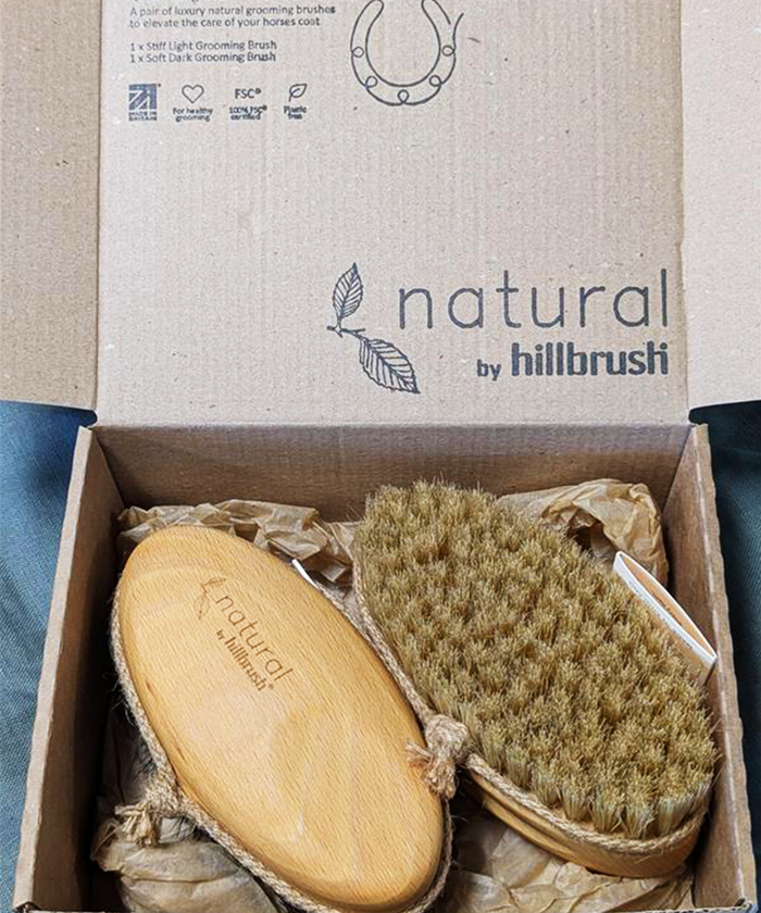 Natural bristle horse care grooming kit in a kraft box