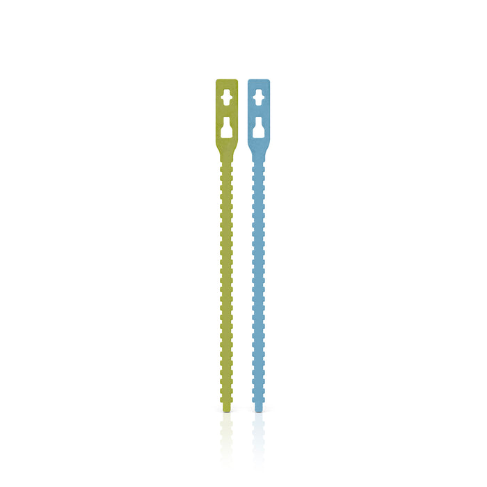 Single green and single blue rubber plant tie on a white background.