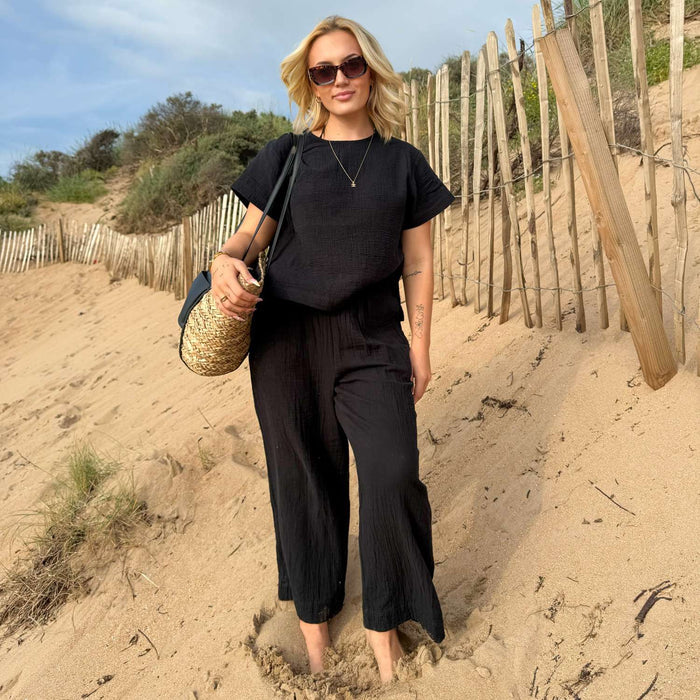 Noor Cotton Gauze Wide-Leg Trousers - Black