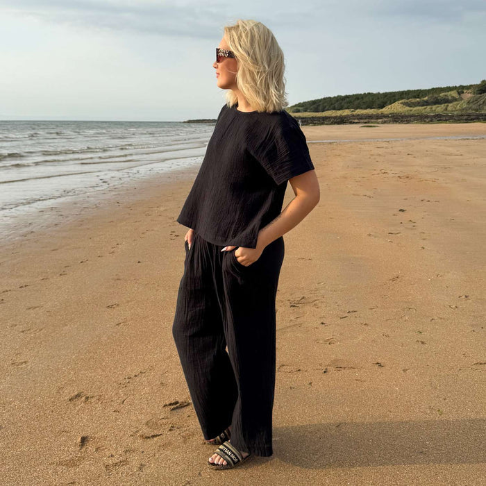 Noor Cotton Gauze Wide-Leg Trousers - Black