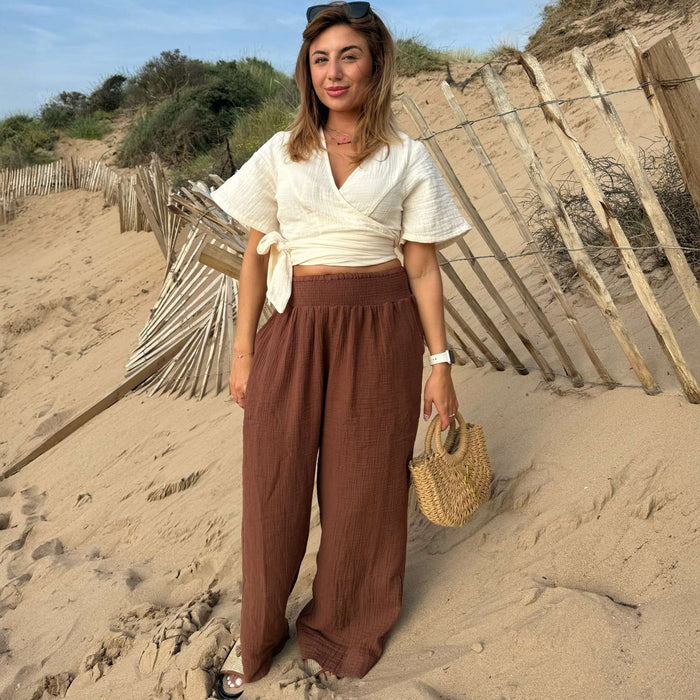 Noor Cotton Gauze Wide-Leg Trousers - Brown
