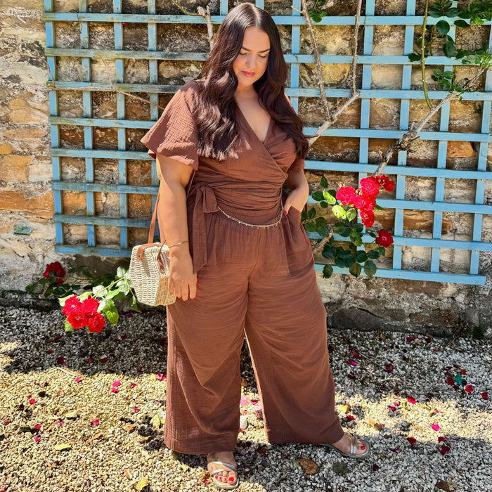 Noor Cotton Gauze Wide-Leg Trousers - Brown