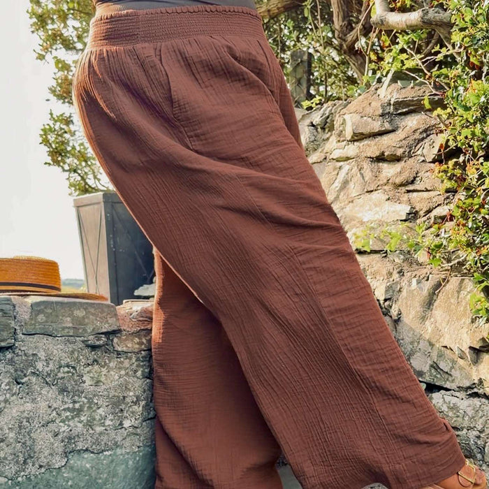 Noor Cotton Gauze Wide-Leg Trousers - Brown
