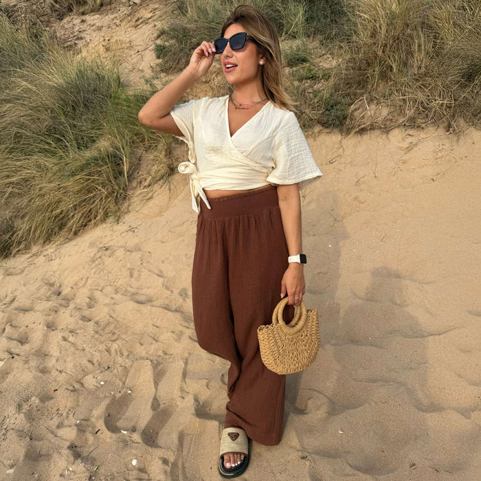 Noor Cotton Gauze Wide-Leg Trousers - Brown