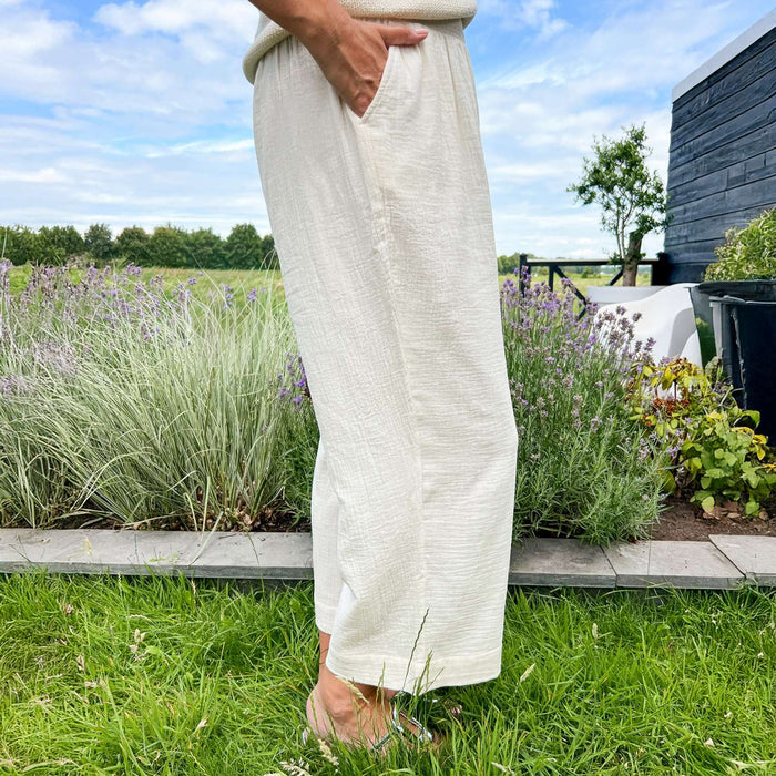 Noor Cotton Gauze Wide-Leg Trousers - Cream