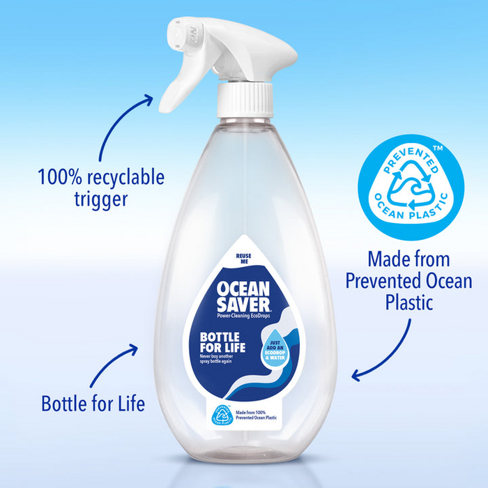 Reusable spray bottle made from prevented ocean plastic and 100% recyclable