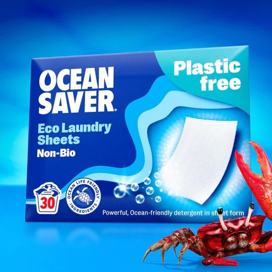 Eco Laundry Sheets 30 wash pack on a blue background.