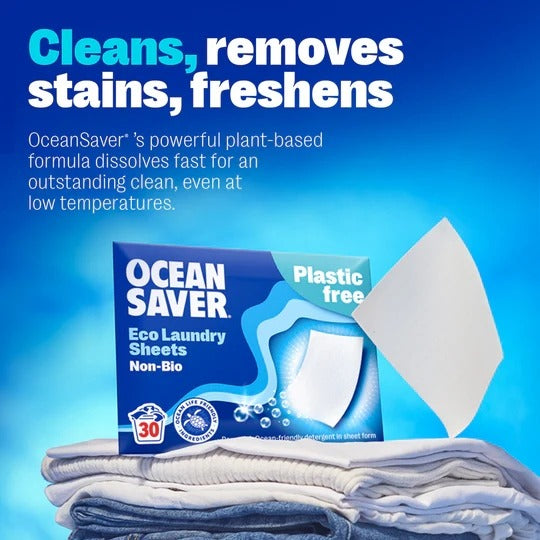 Short description of Ocean Saver's Plastic Free Laundry Sheets.